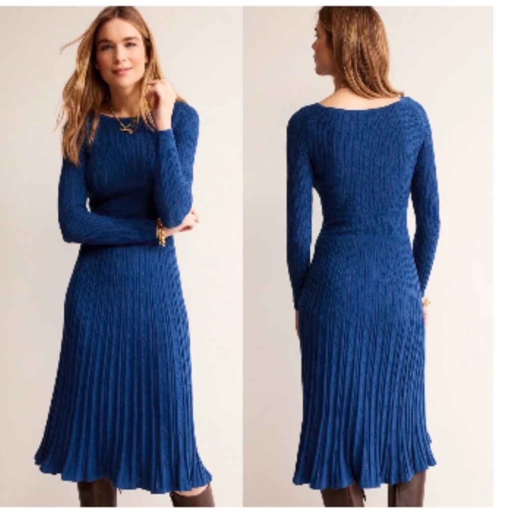 Boden Blue Pointelle Cable Knit Long Sleeve Midi Dress Textured US 4R
